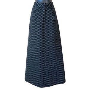 Vintage Geometric MOD Textured Grid Black & Metallic Silver Maxi Skirt